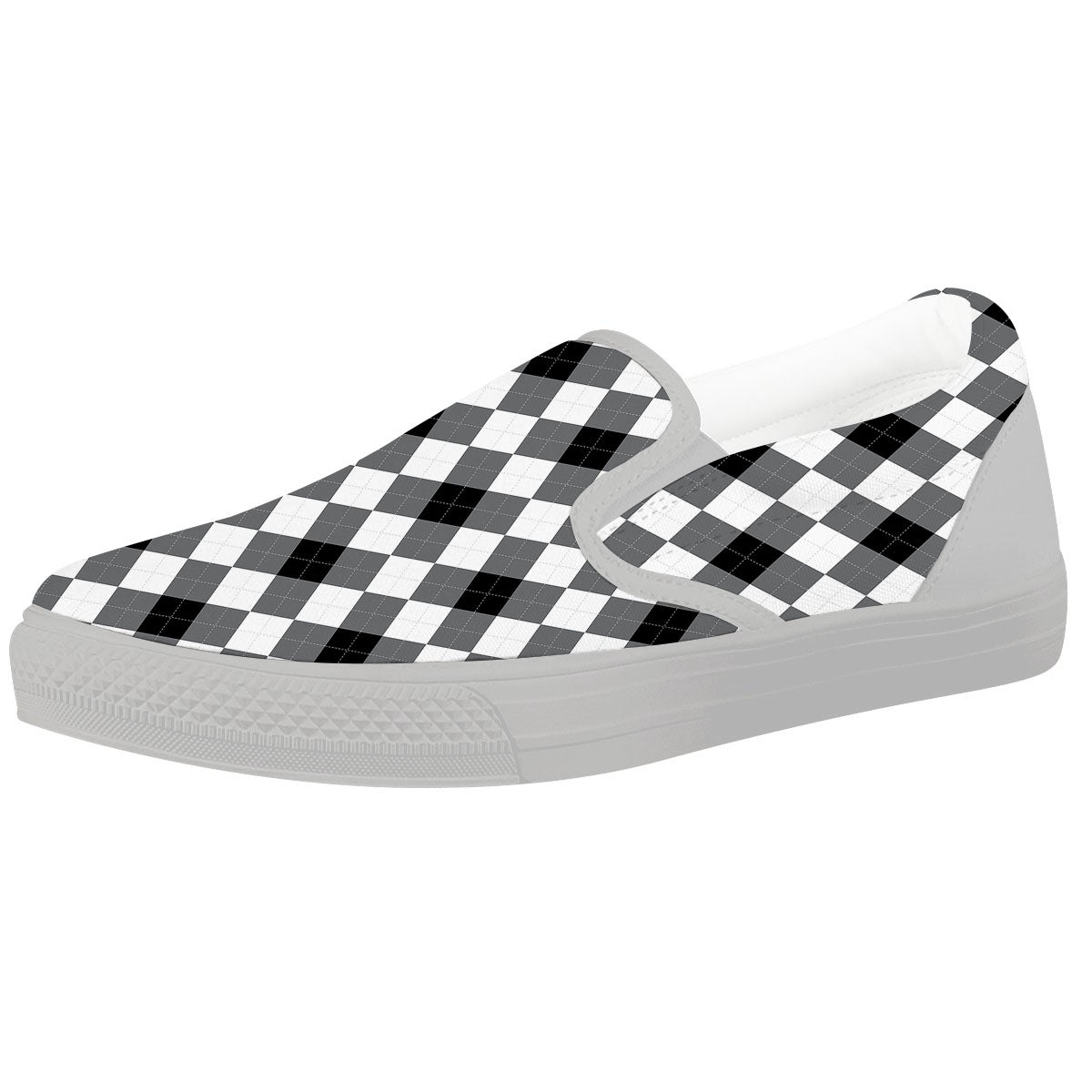 White And Black Argyle Print Pattern White Slip On Shoes-grizzshop