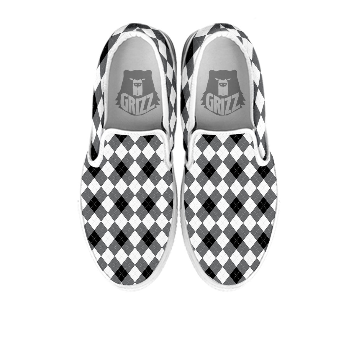 White And Black Argyle Print Pattern White Slip On Shoes-grizzshop