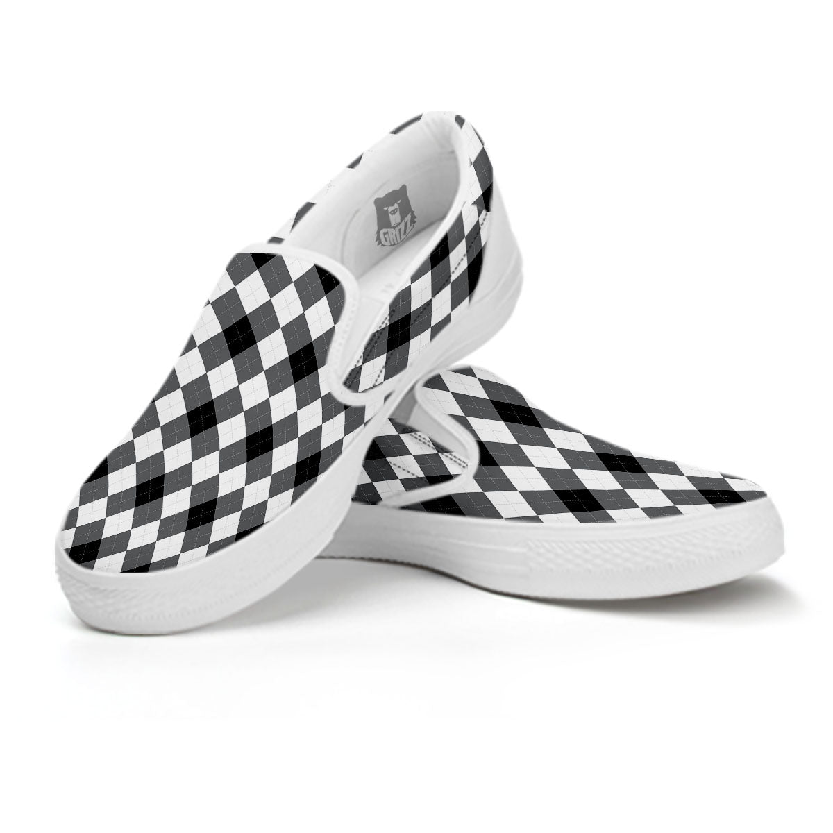 White And Black Argyle Print Pattern White Slip On Shoes-grizzshop