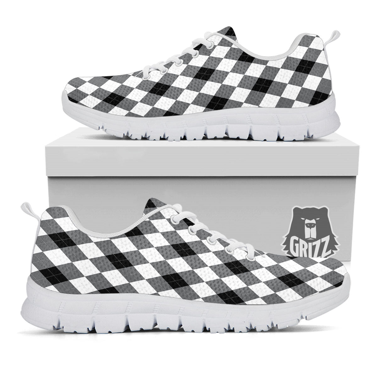 White And Black Argyle Print Pattern White Sneaker-grizzshop