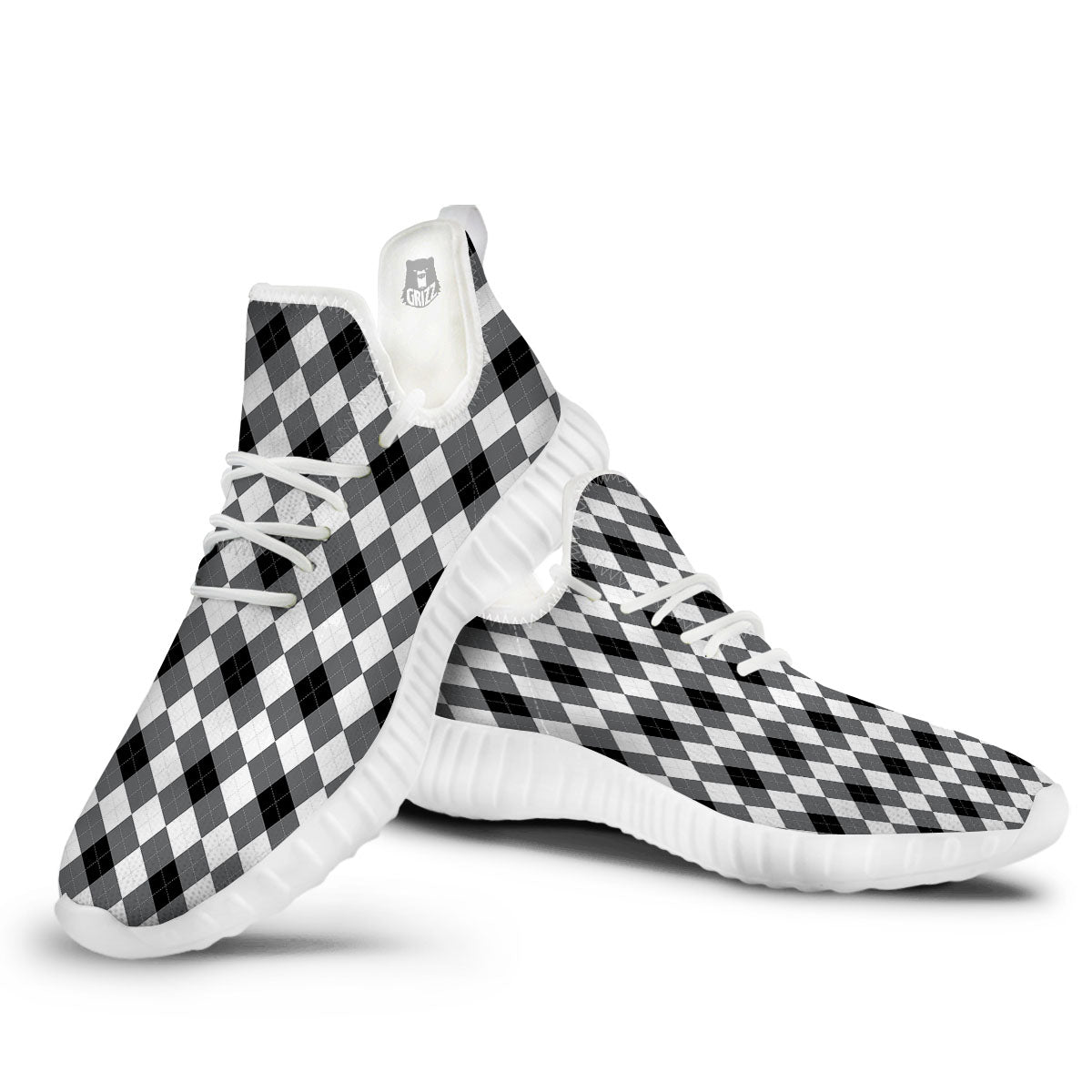 White And Black Argyle Print Pattern White Walking Shoes-grizzshop