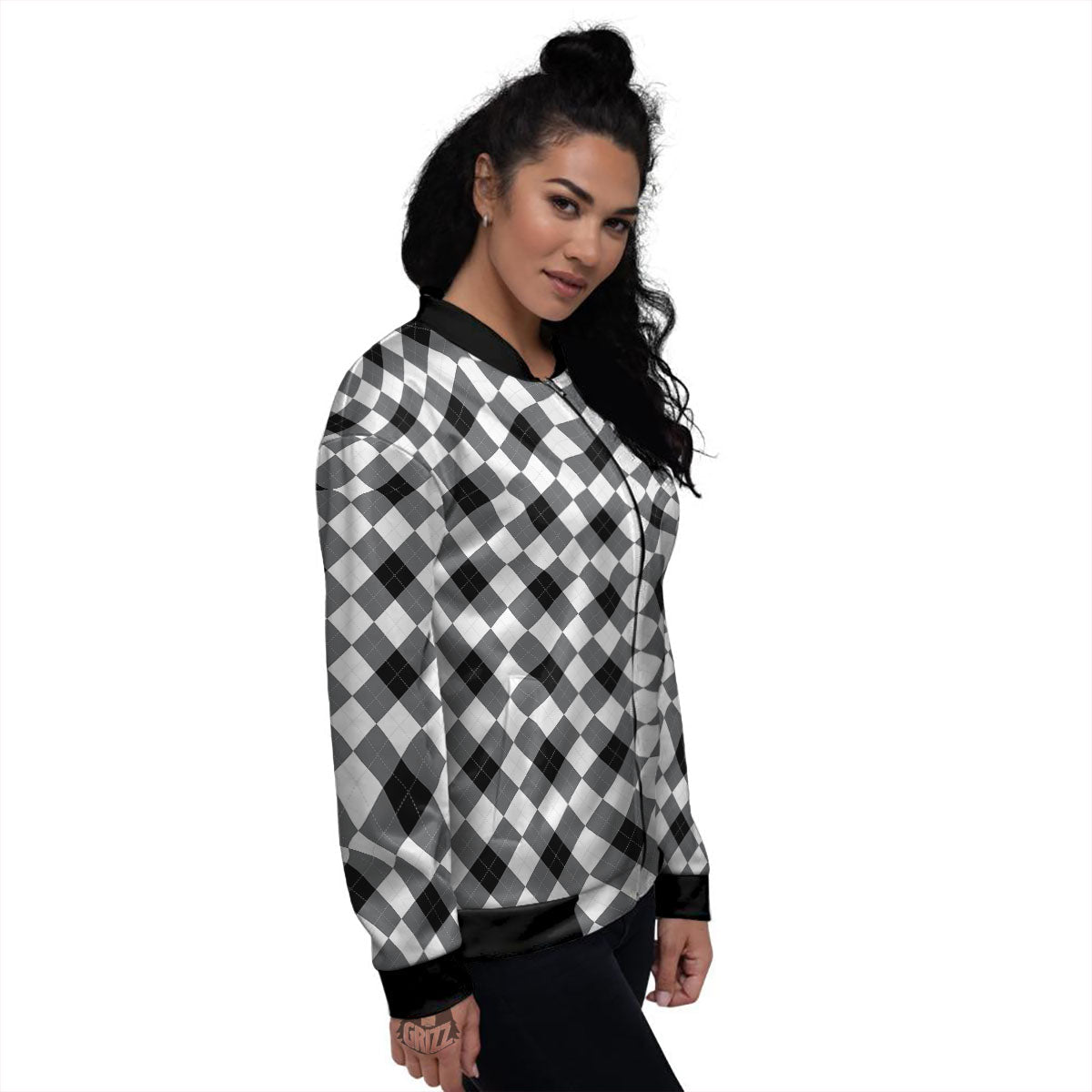 White And Black Argyle Print Pattern Women's Bomber Jacket-grizzshop