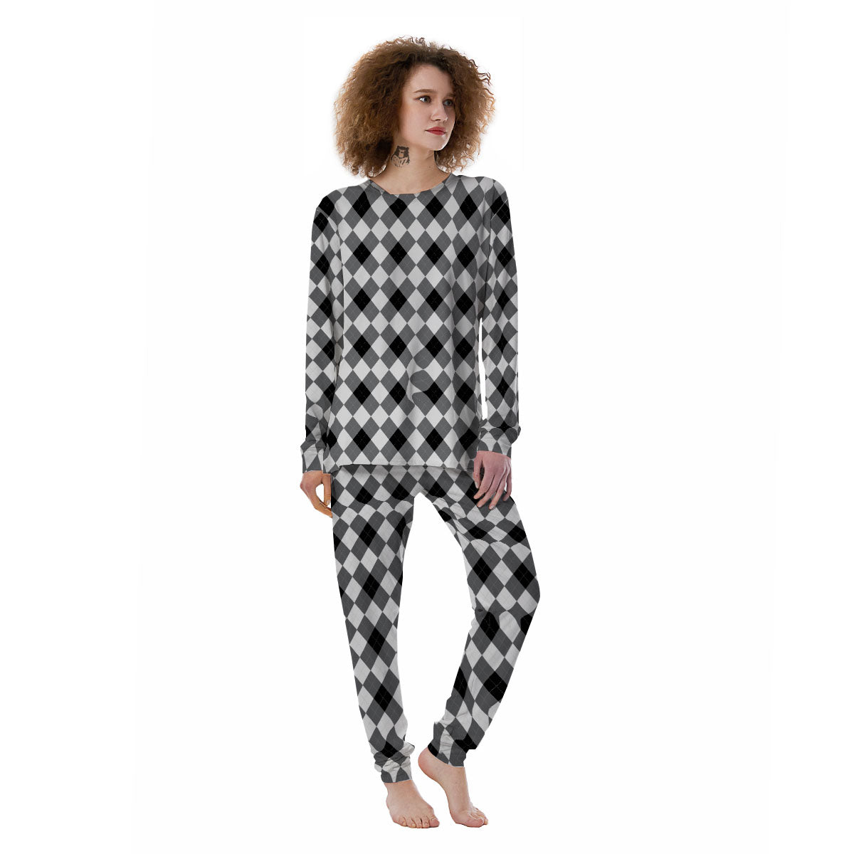 White And Black Argyle Print Pattern Women's Pajamas-grizzshop