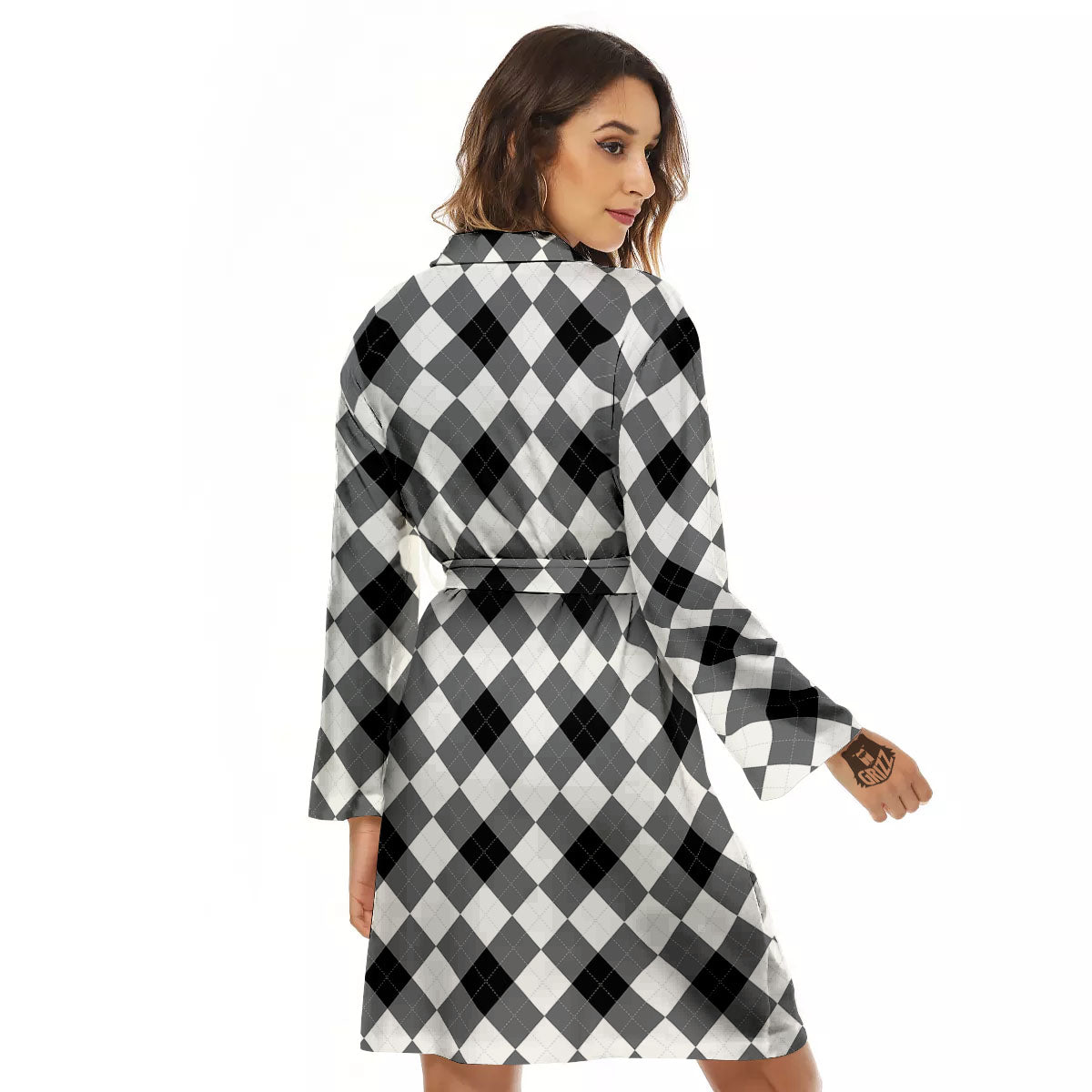 White And Black Argyle Print Pattern Women's Robe-grizzshop