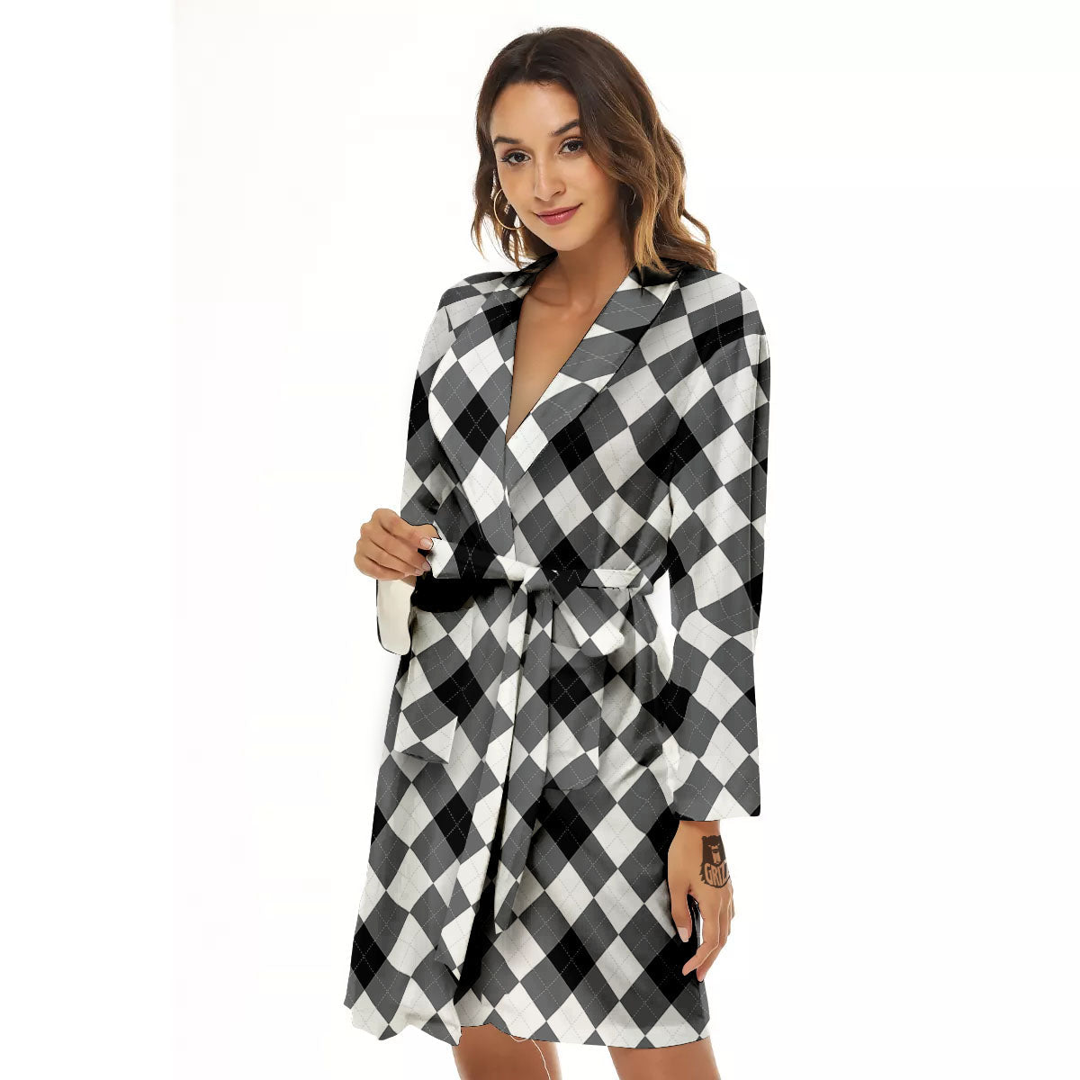 White And Black Argyle Print Pattern Women's Robe-grizzshop