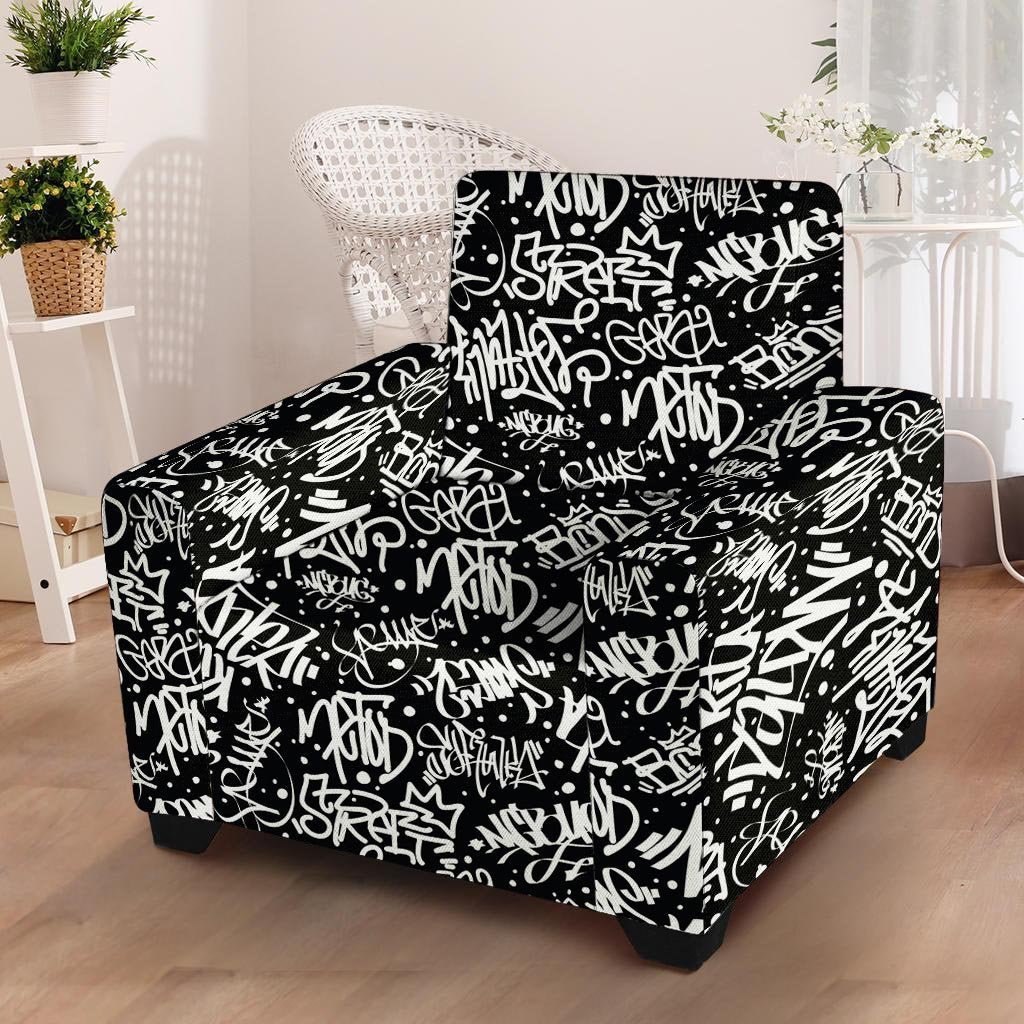 White And Black Graffiti Doodle Text Print Armchair Cover-grizzshop