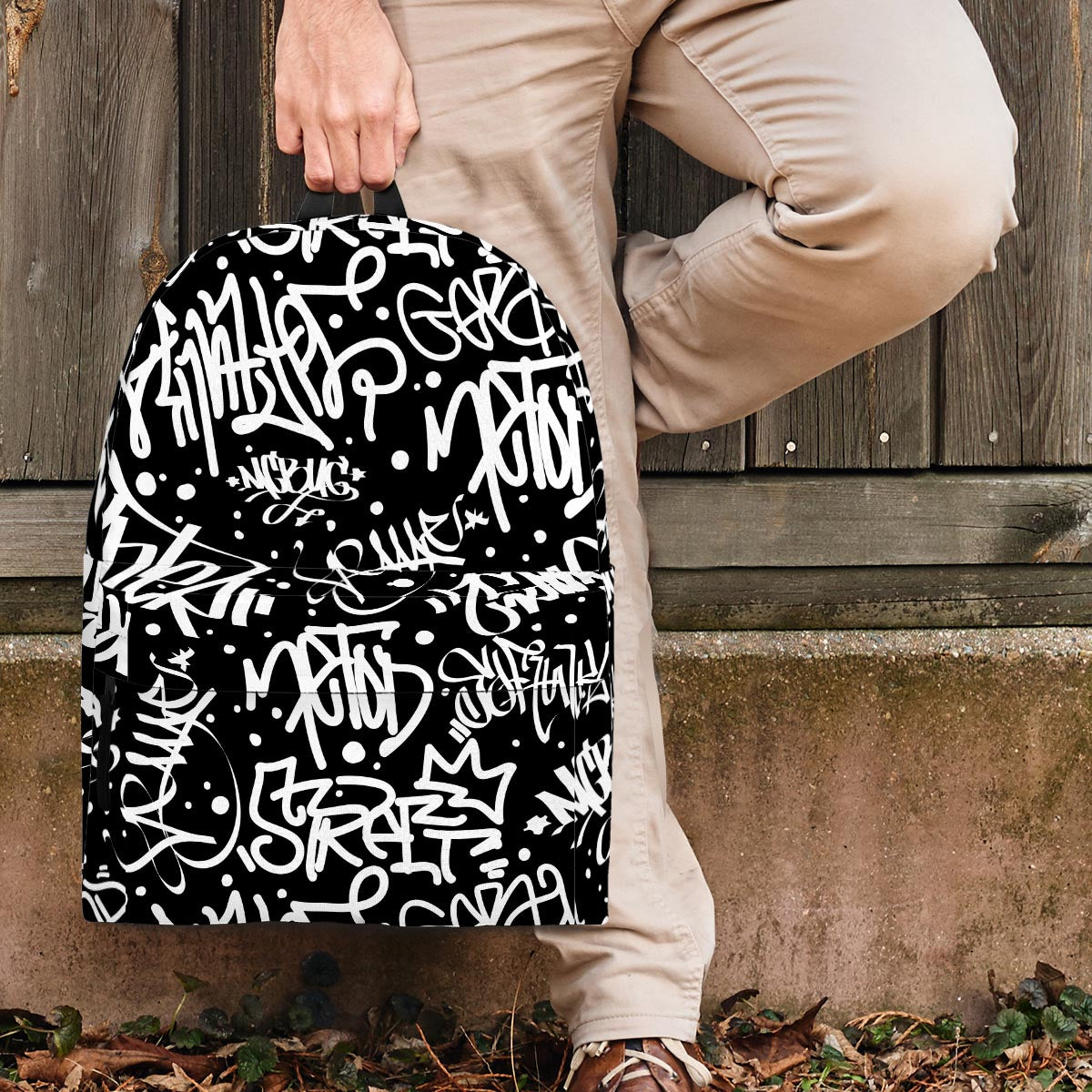 White And Black Graffiti Doodle Text Print Backpack-grizzshop