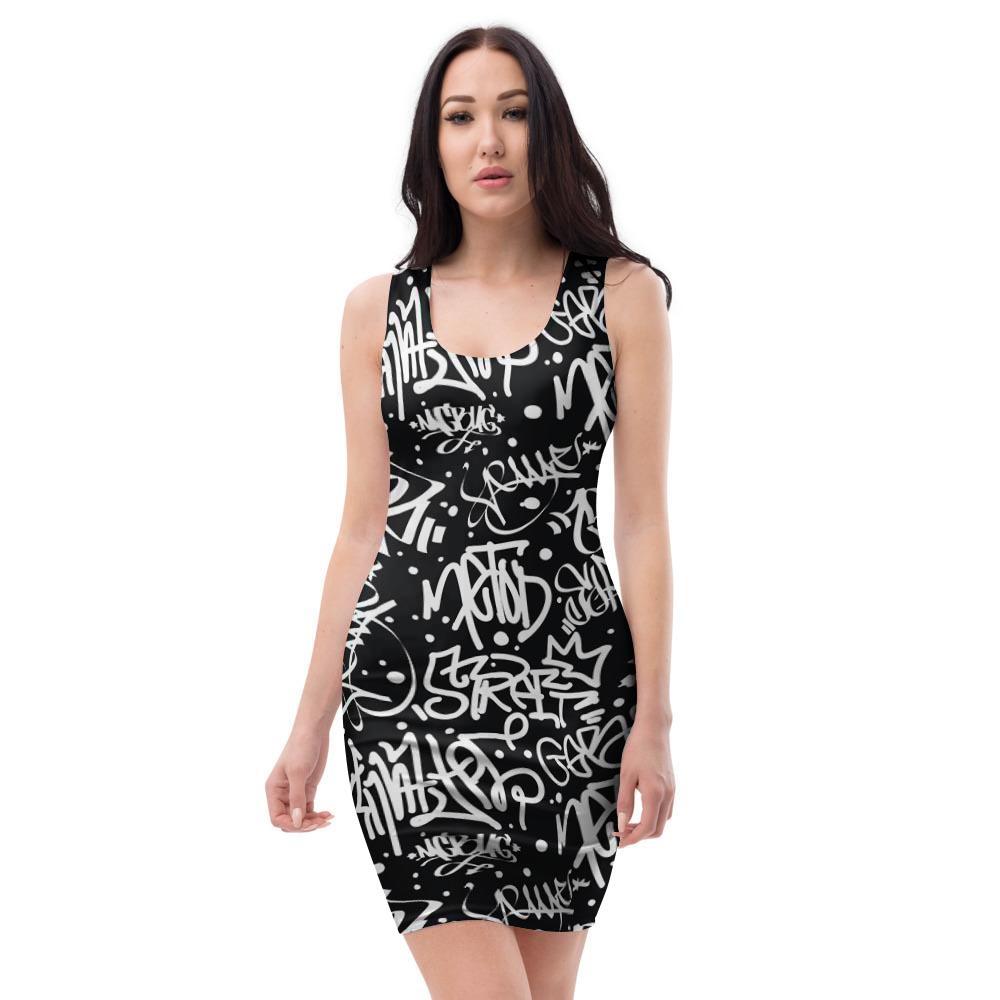 White And Black Graffiti Doodle Text Print Bodycon Dress-grizzshop