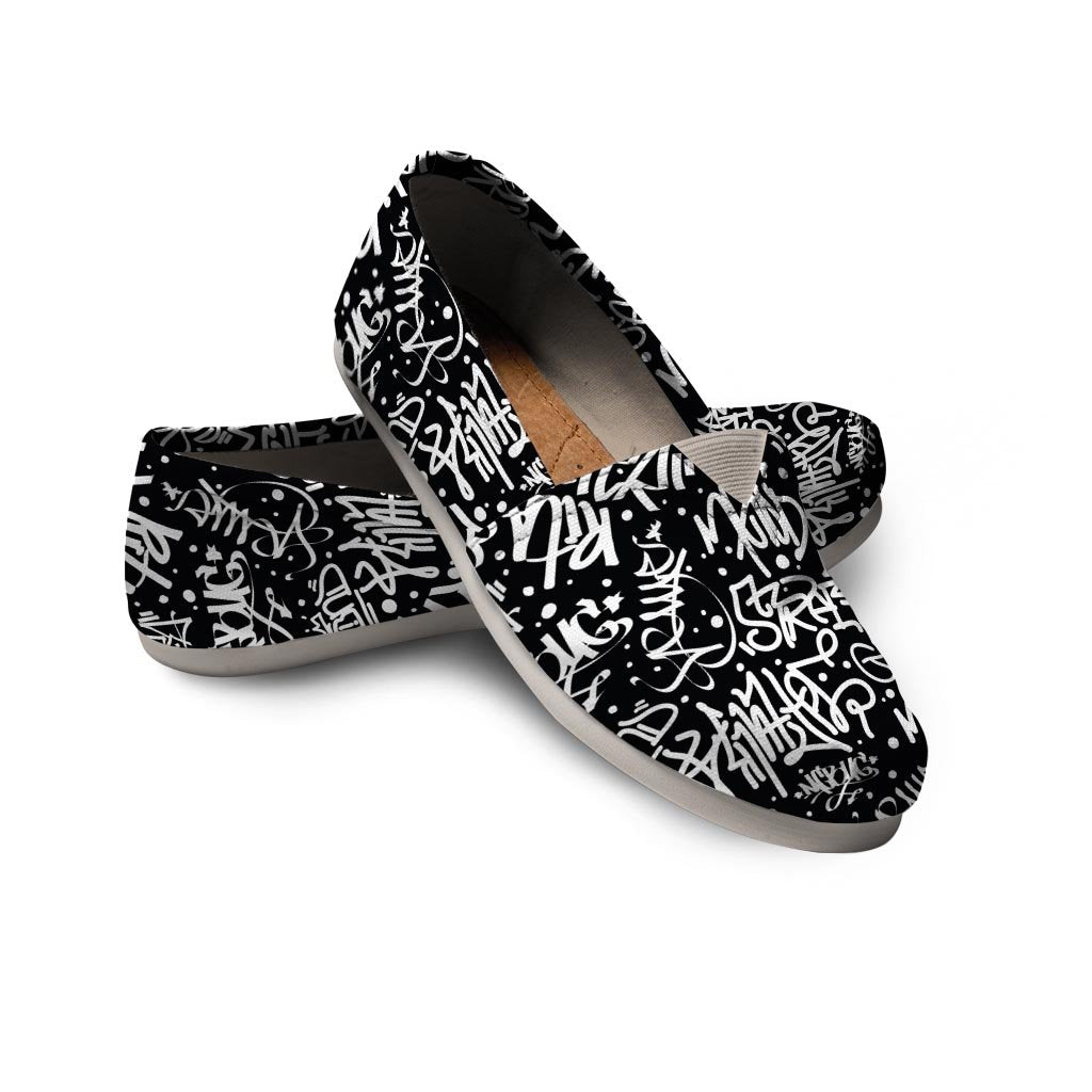 White And Black Graffiti Doodle Text Print Canvas Shoes-grizzshop