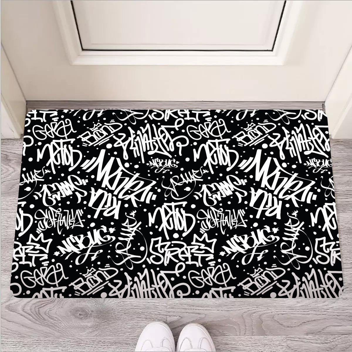 White And Black Graffiti Doodle Text Print Door Mat-grizzshop