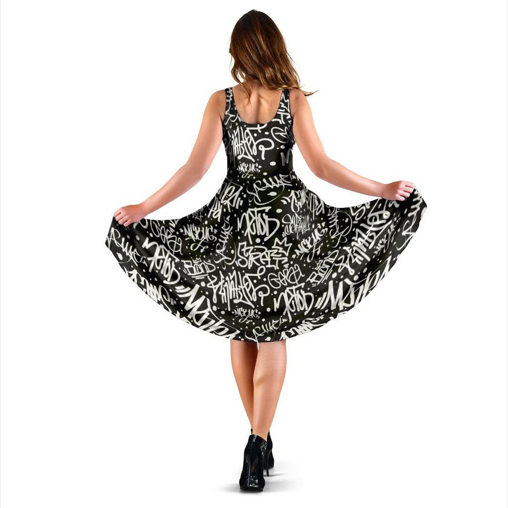 White And Black Graffiti Doodle Text Print Dress-grizzshop