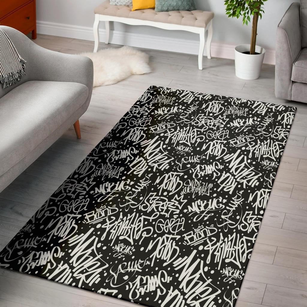 White And Black Graffiti Doodle Text Print Floor Mat-grizzshop