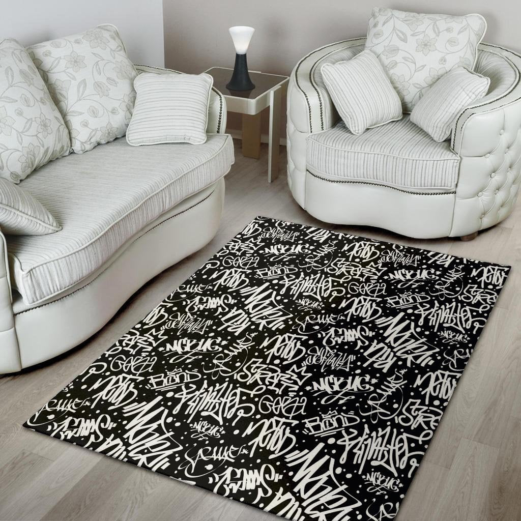 White And Black Graffiti Doodle Text Print Floor Mat-grizzshop
