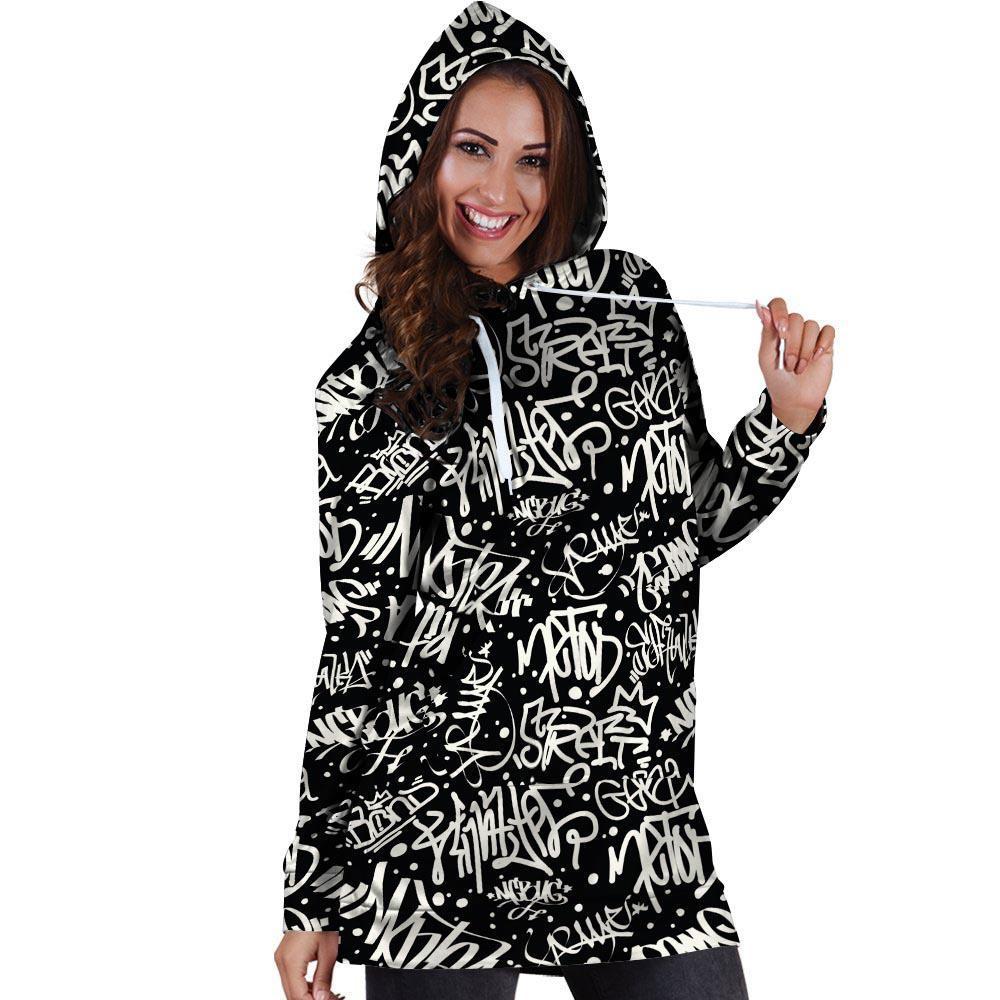 White And Black Graffiti Doodle Text Print Hoodie Dress-grizzshop