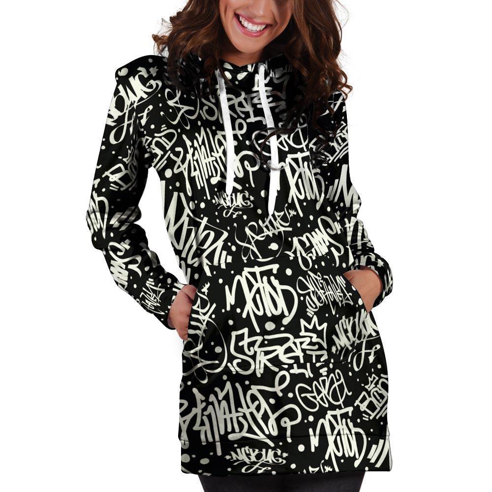 White And Black Graffiti Doodle Text Print Hoodie Dress-grizzshop