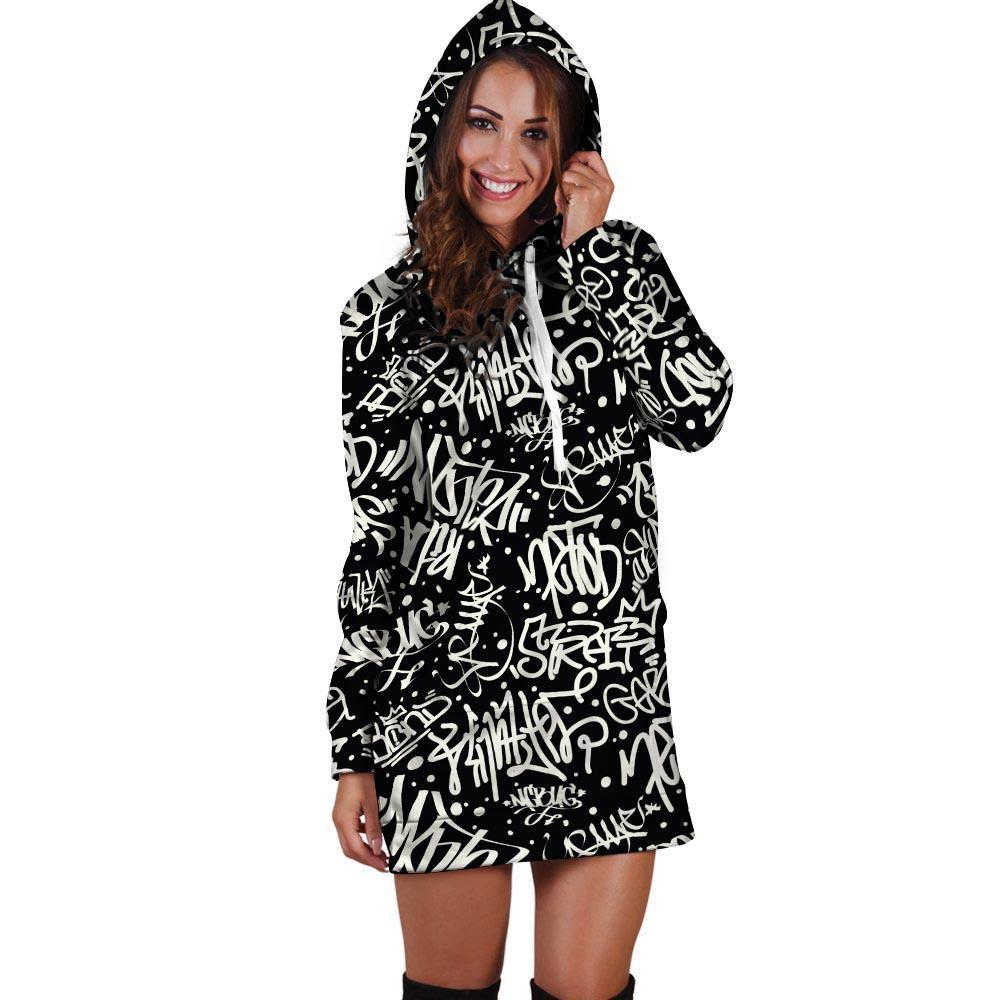 White And Black Graffiti Doodle Text Print Hoodie Dress-grizzshop