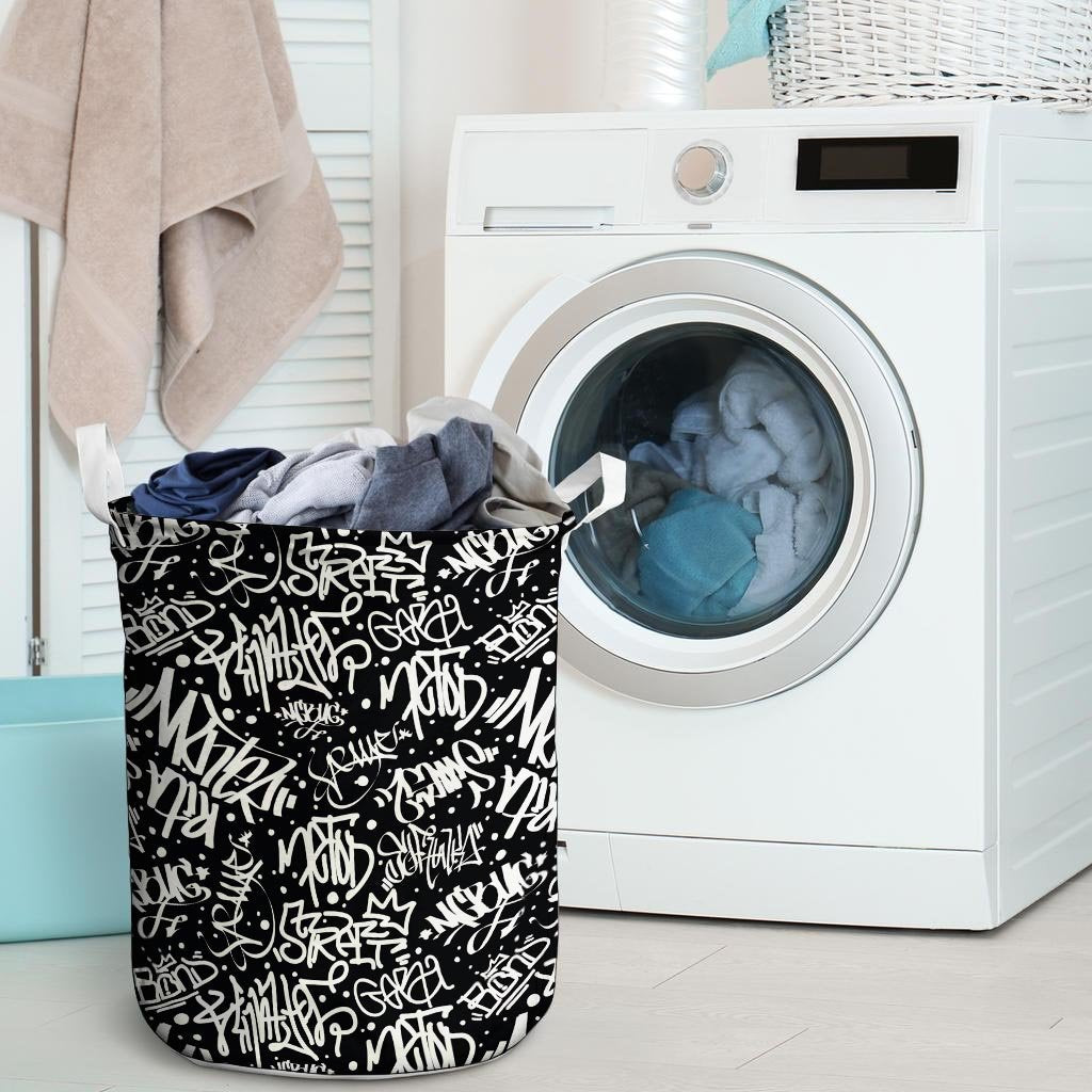 White And Black Graffiti Doodle Text Print Laundry Basket-grizzshop