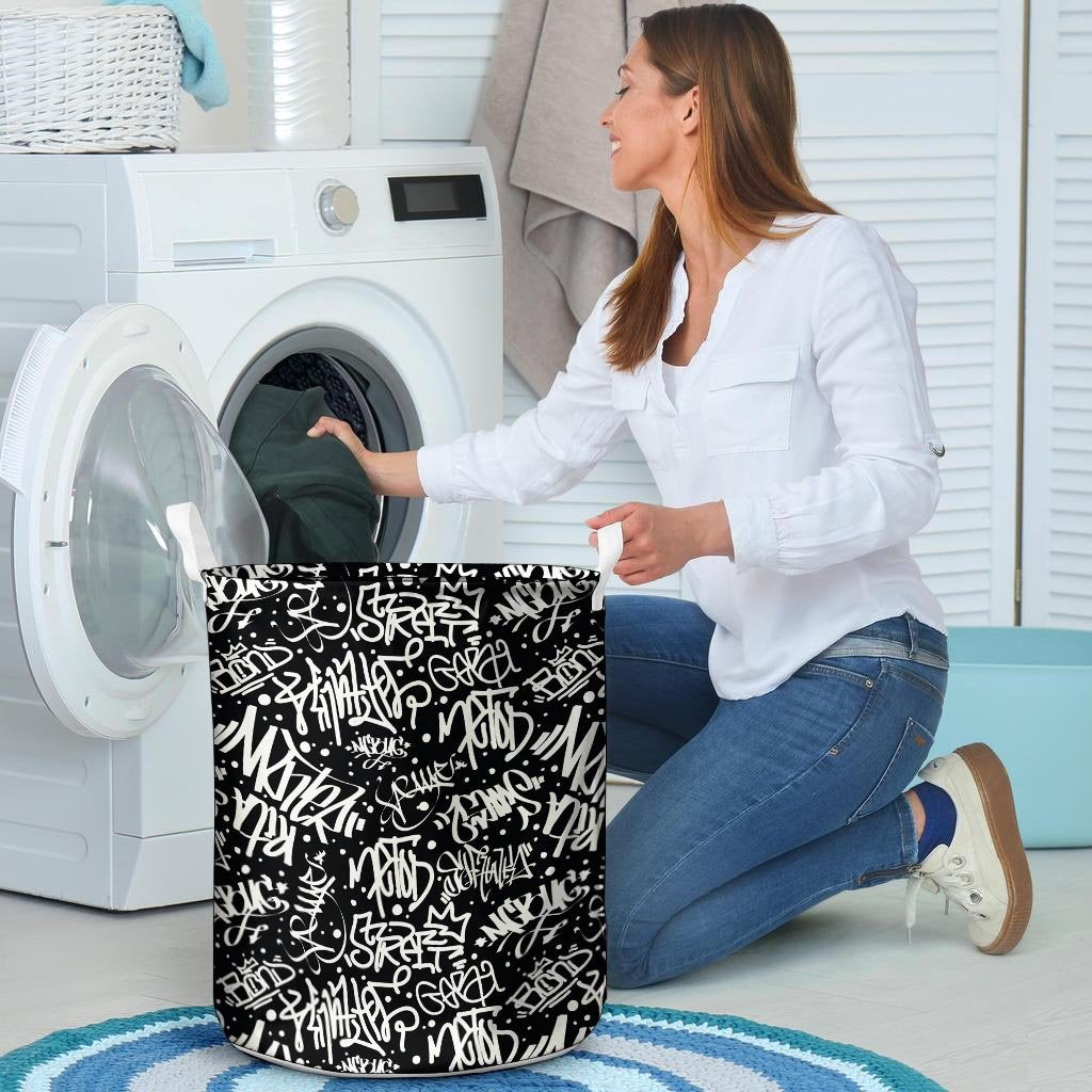 White And Black Graffiti Doodle Text Print Laundry Basket-grizzshop