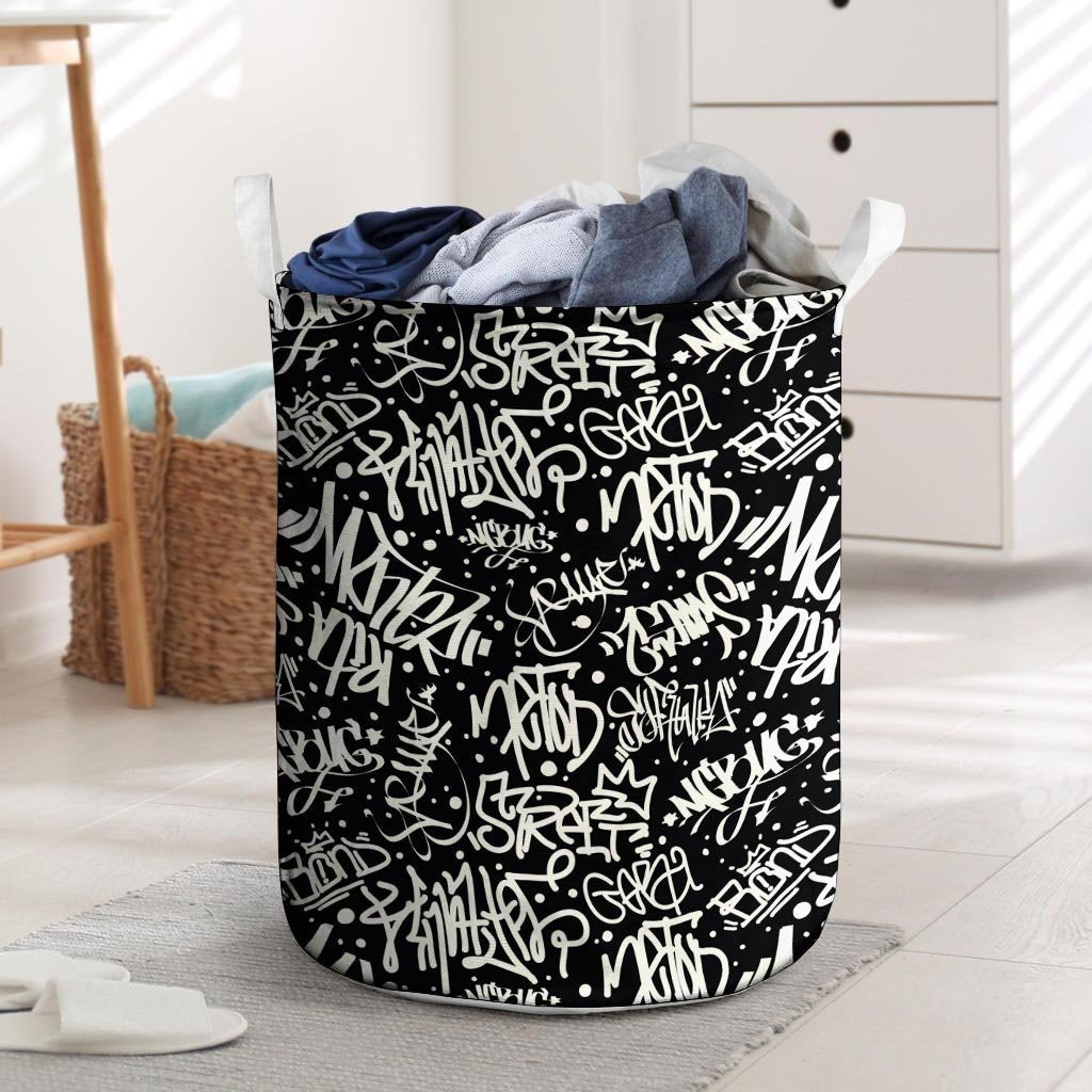 White And Black Graffiti Doodle Text Print Laundry Basket-grizzshop