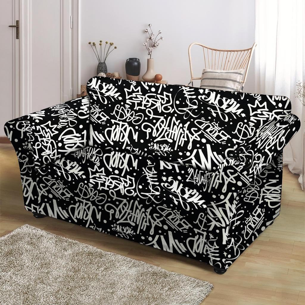 White And Black Graffiti Doodle Text Print Loveseat Cover-grizzshop