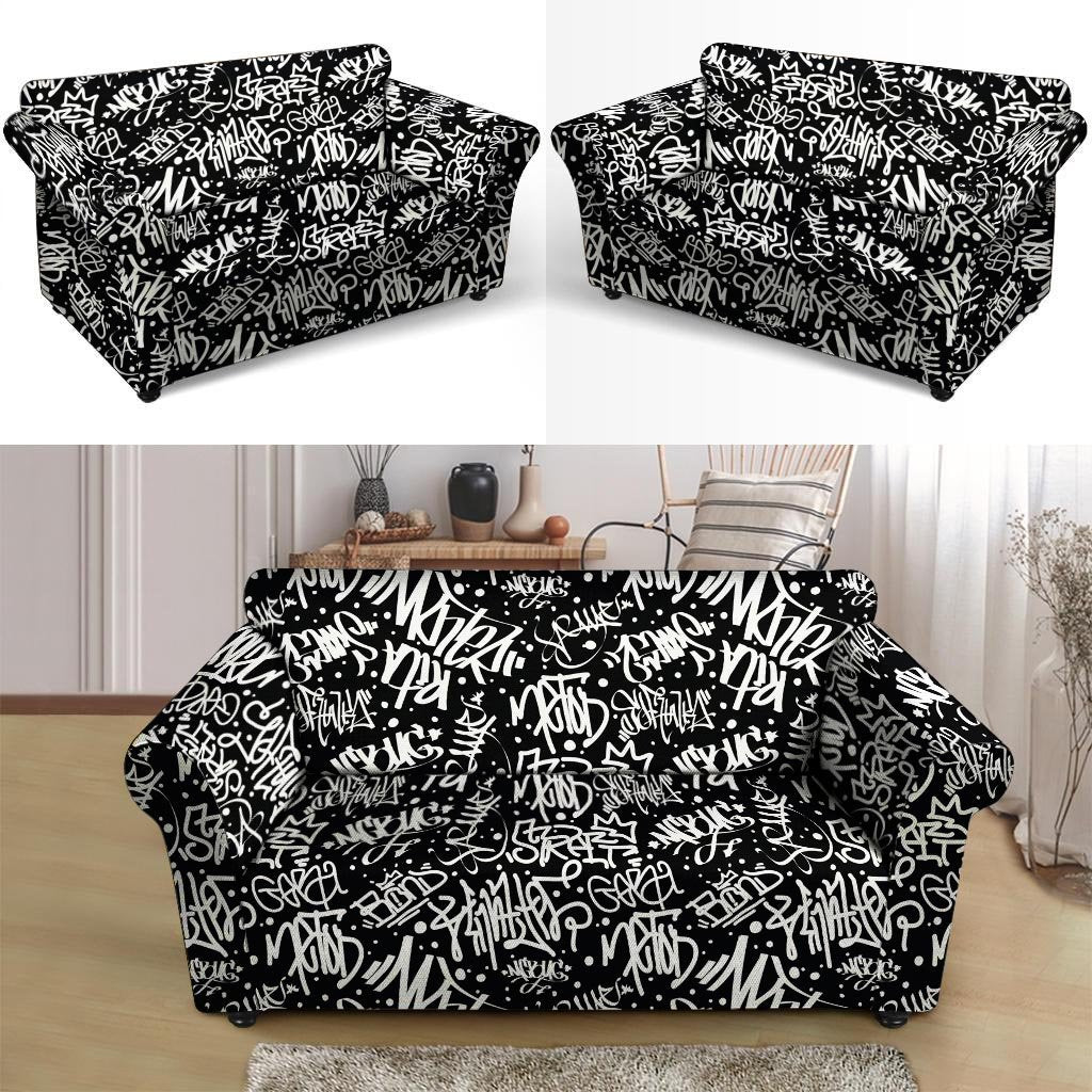 White And Black Graffiti Doodle Text Print Loveseat Cover-grizzshop