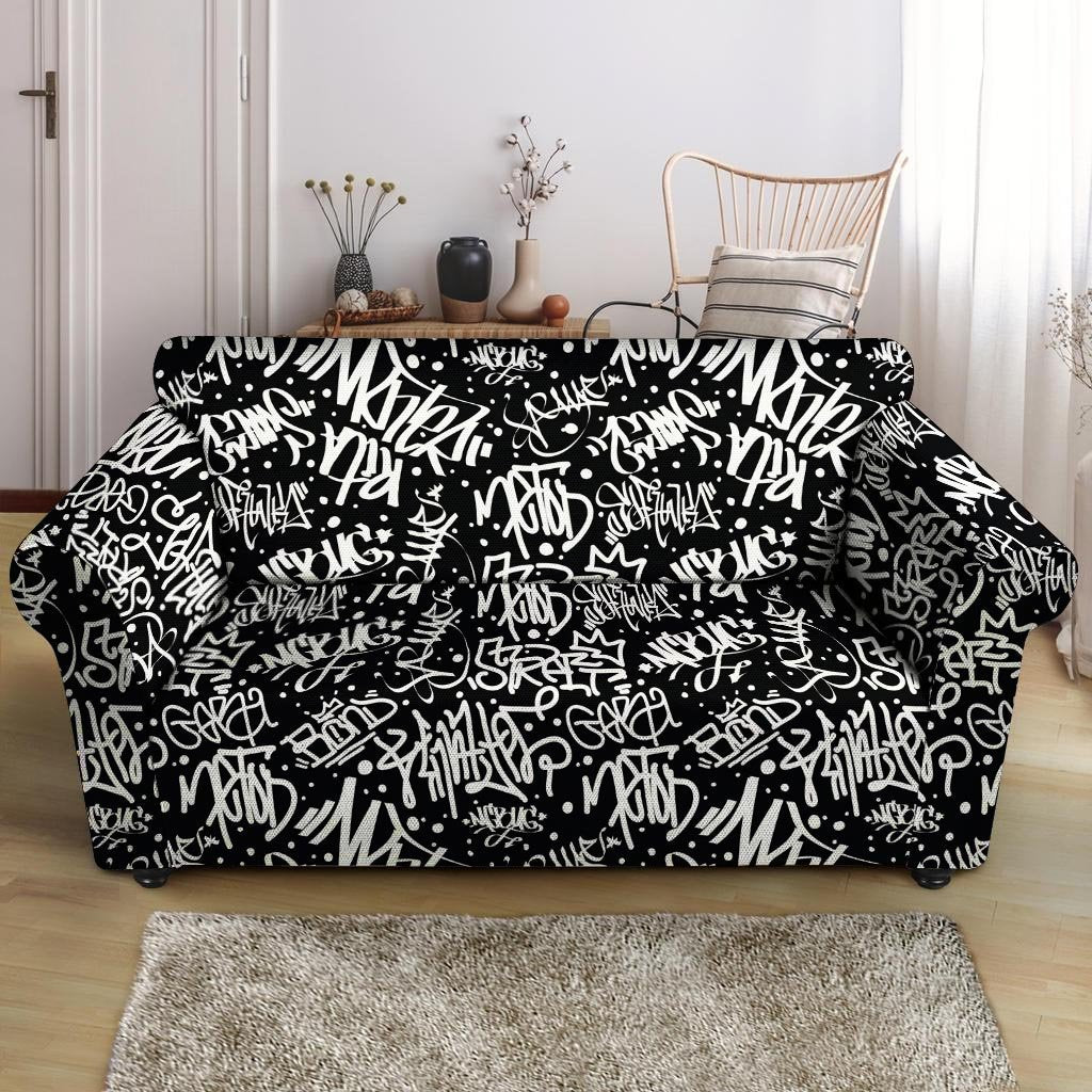 White And Black Graffiti Doodle Text Print Loveseat Cover-grizzshop