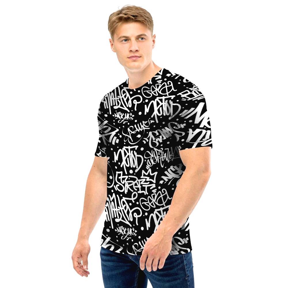 White And Black Graffiti Doodle Text Print Men T Shirt-grizzshop