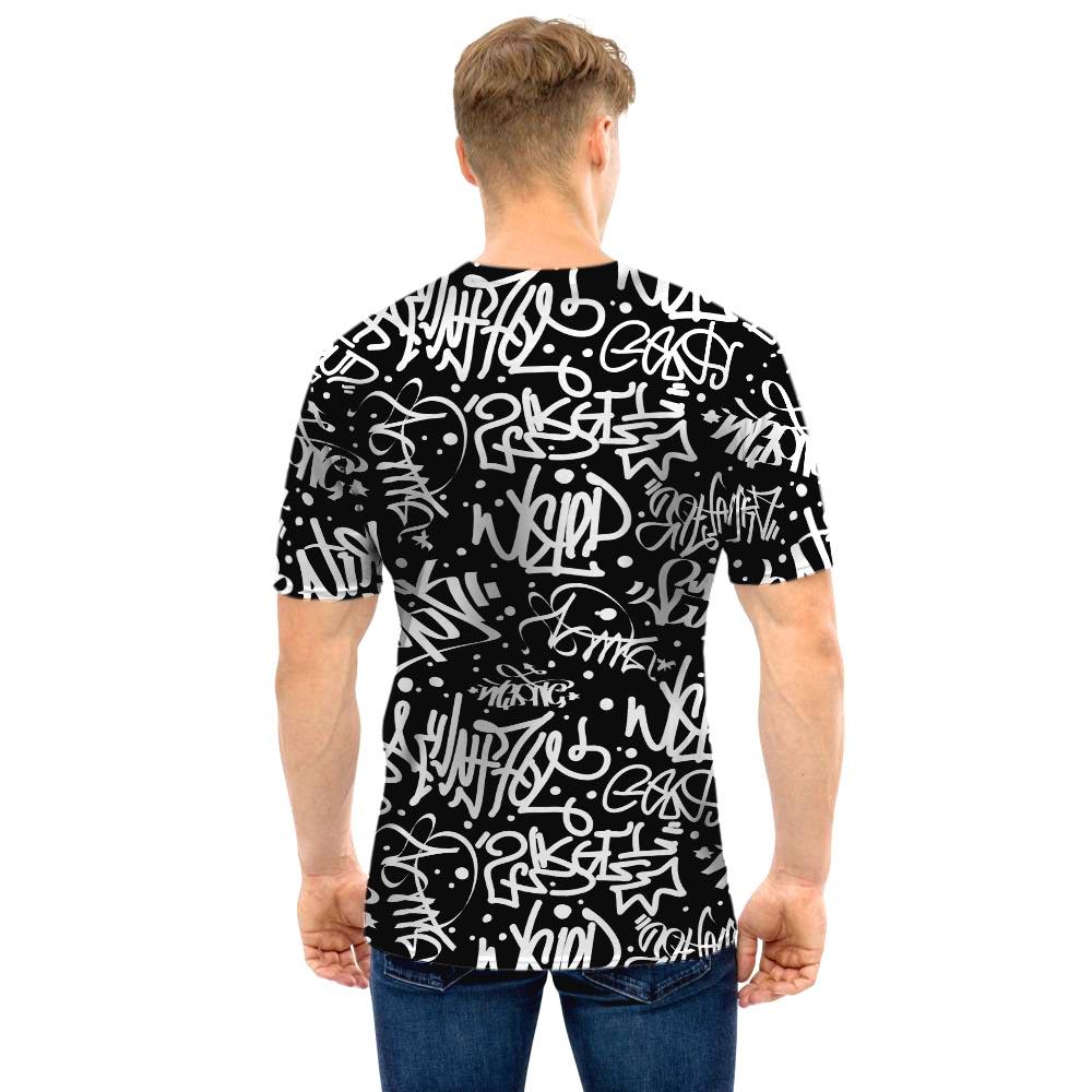 White And Black Graffiti Doodle Text Print Men T Shirt-grizzshop