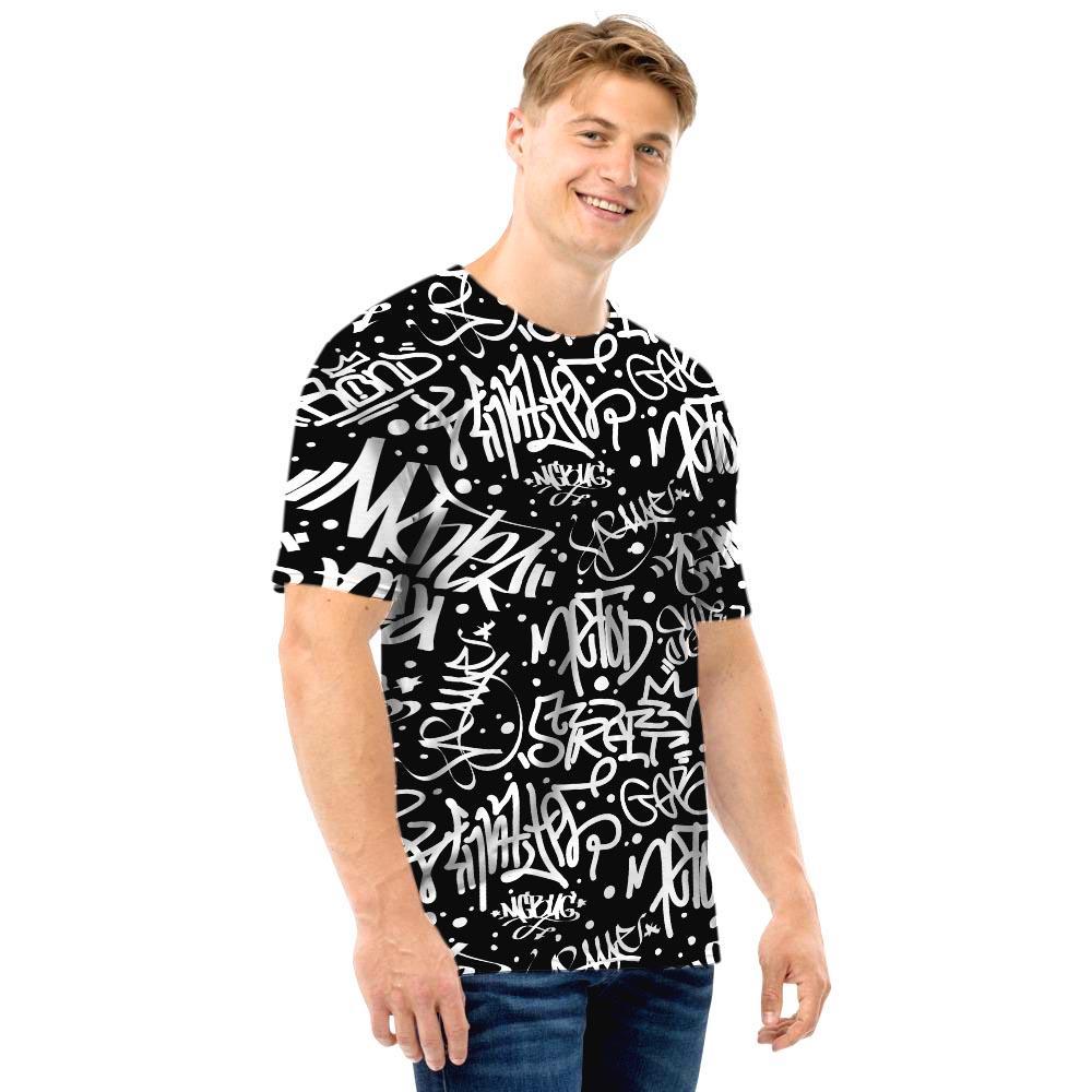 White And Black Graffiti Doodle Text Print Men T Shirt-grizzshop