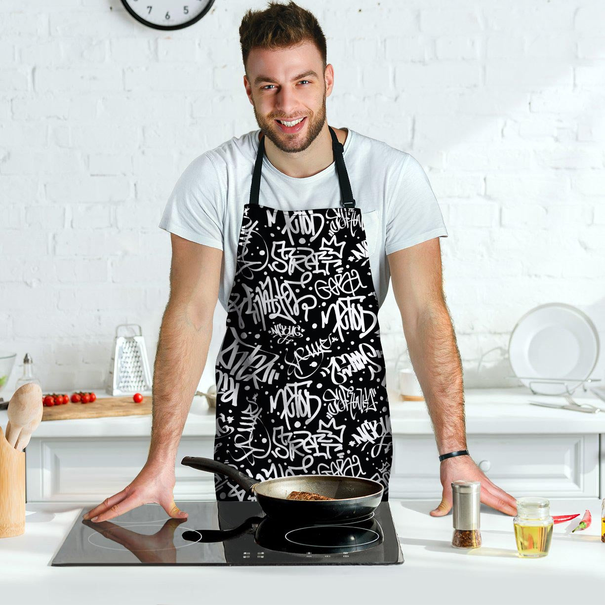 White And Black Graffiti Doodle Text Print Men's Apron-grizzshop