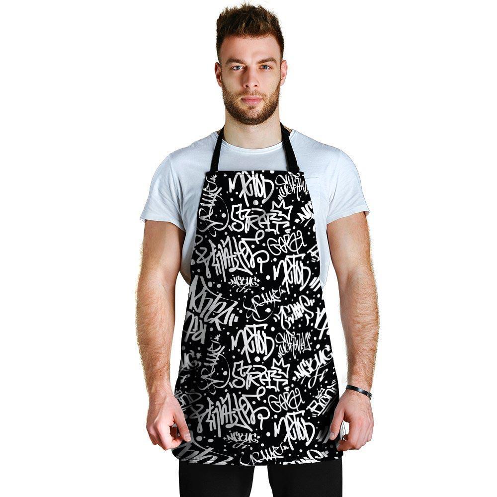 White And Black Graffiti Doodle Text Print Men's Apron-grizzshop