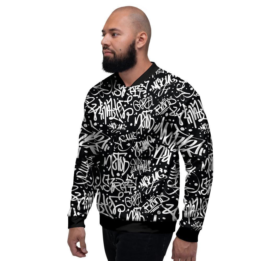 White And Black Graffiti Doodle Text Print Men's Bomber Jacket-grizzshop