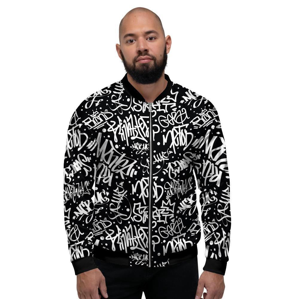 White And Black Graffiti Doodle Text Print Men's Bomber Jacket-grizzshop