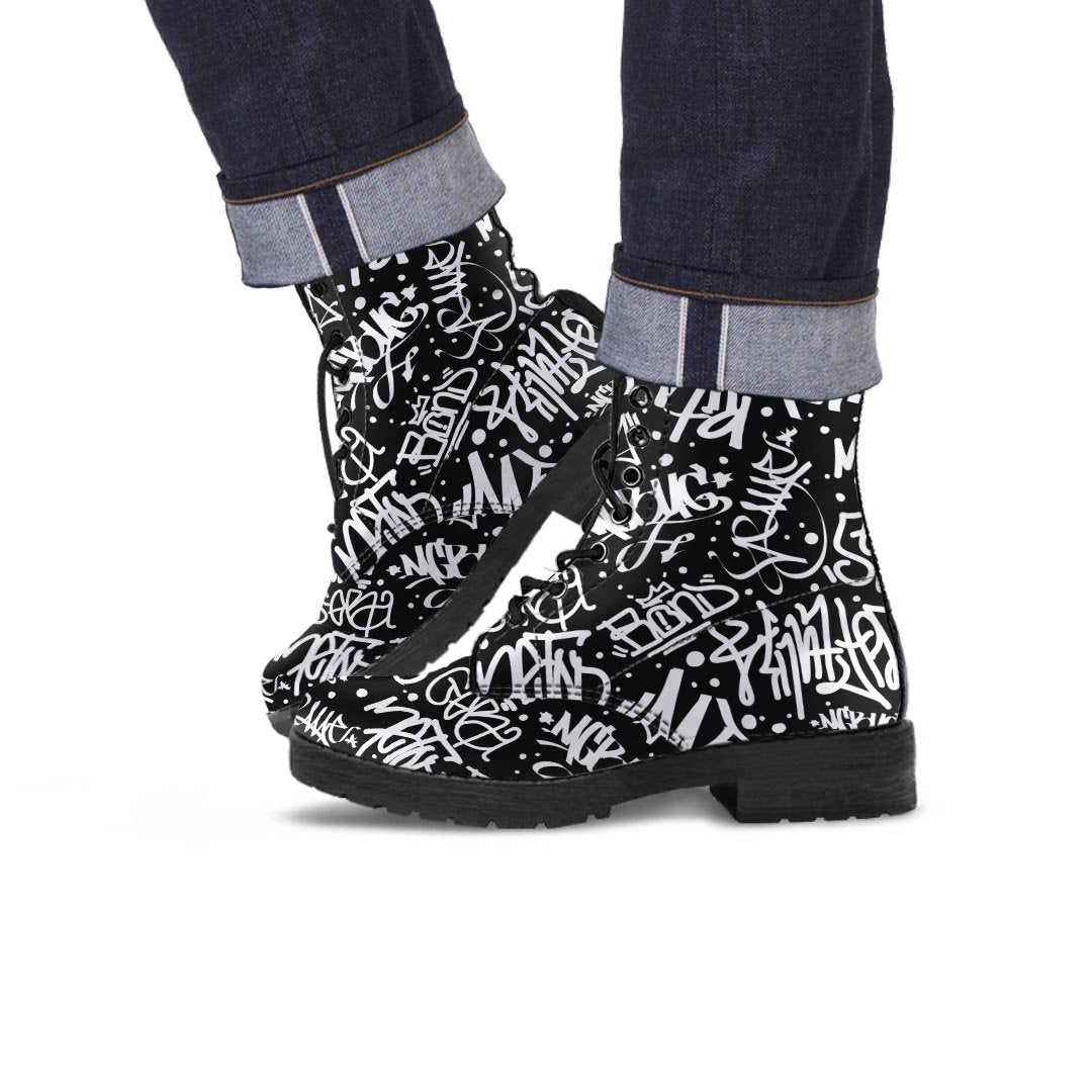 White And Black Graffiti Doodle Text Print Men's Boots-grizzshop