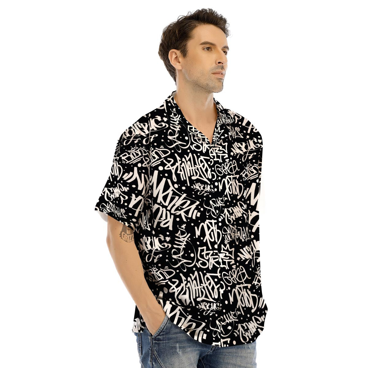 White And Black Graffiti Doodle Text Print Men’s Hawaiian Shirt-grizzshop