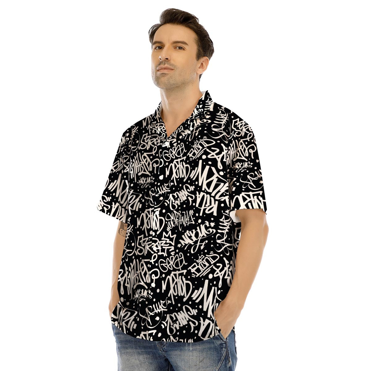 White And Black Graffiti Doodle Text Print Men’s Hawaiian Shirt-grizzshop