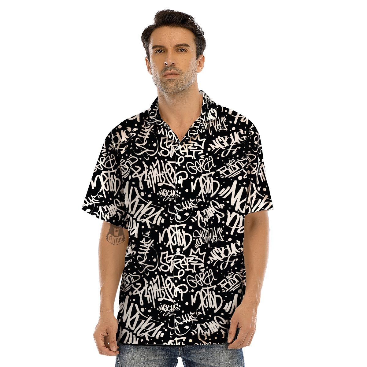 White And Black Graffiti Doodle Text Print Men’s Hawaiian Shirt-grizzshop