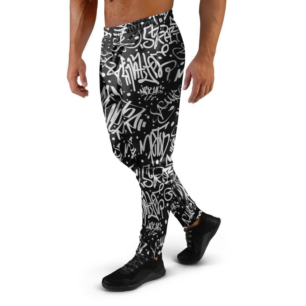 White And Black Graffiti Doodle Text Print Men's Joggers-grizzshop