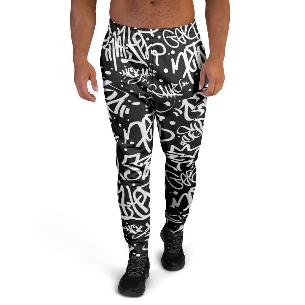 White And Black Graffiti Doodle Text Print Men's Joggers-grizzshop