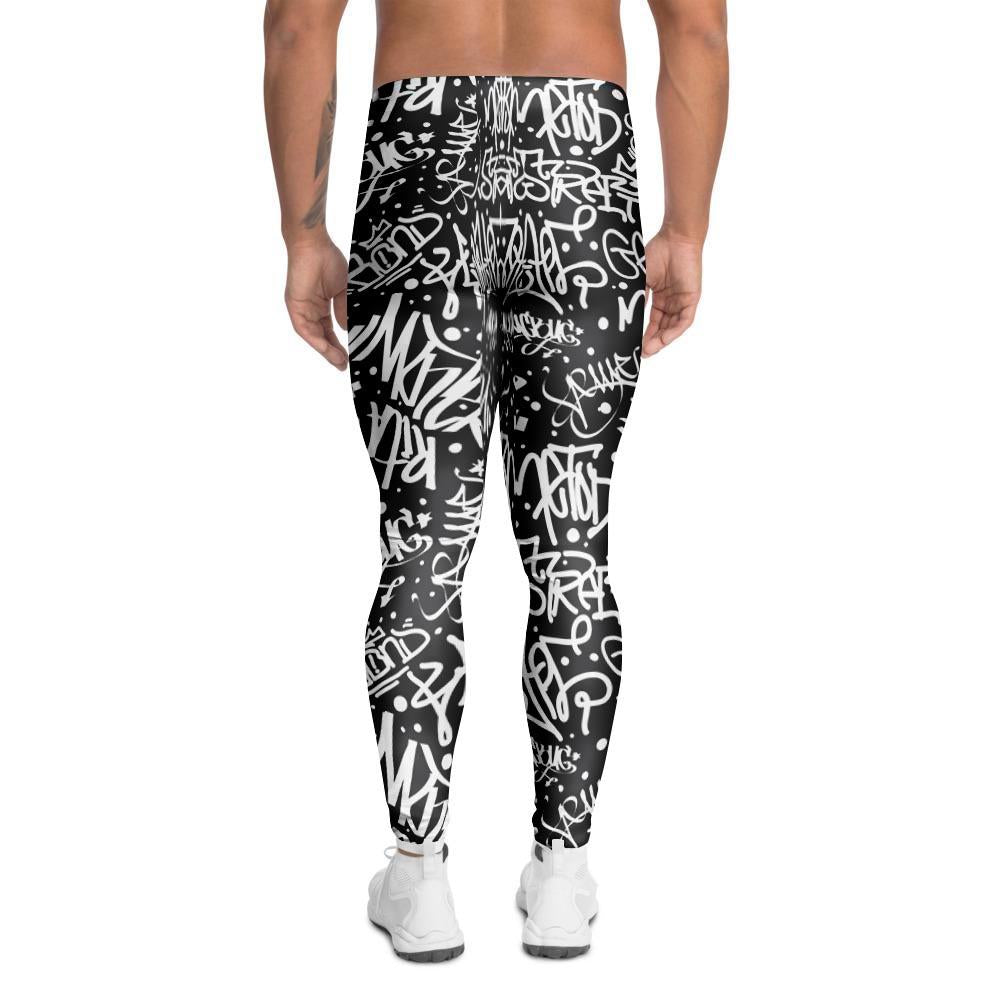 White And Black Graffiti Doodle Text Print Men's Leggings-grizzshop