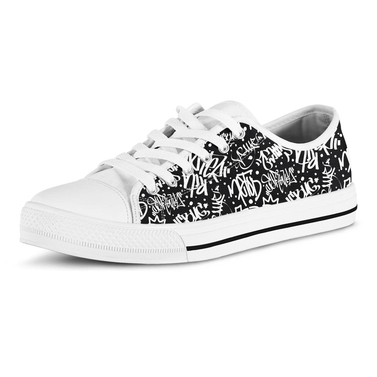 White And Black Graffiti Doodle Text Print Men's Low Top Shoes-grizzshop