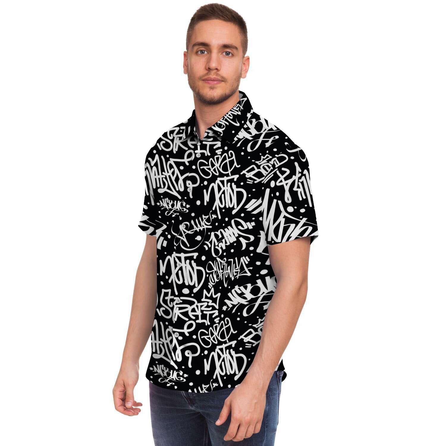 White And Black Graffiti Doodle Text Print Men's Short Sleeve Shirt-grizzshop