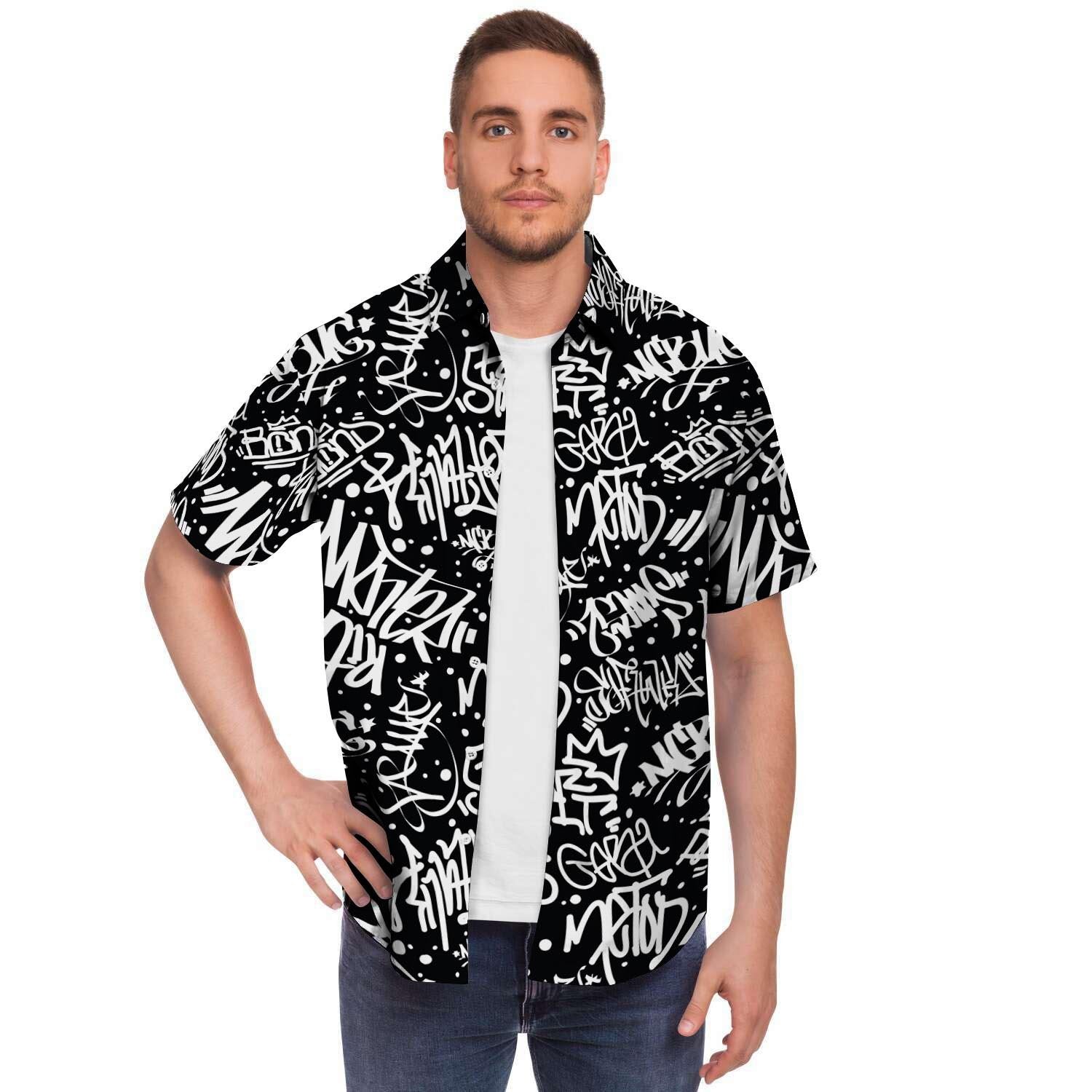 White And Black Graffiti Doodle Text Print Men's Short Sleeve Shirt-grizzshop