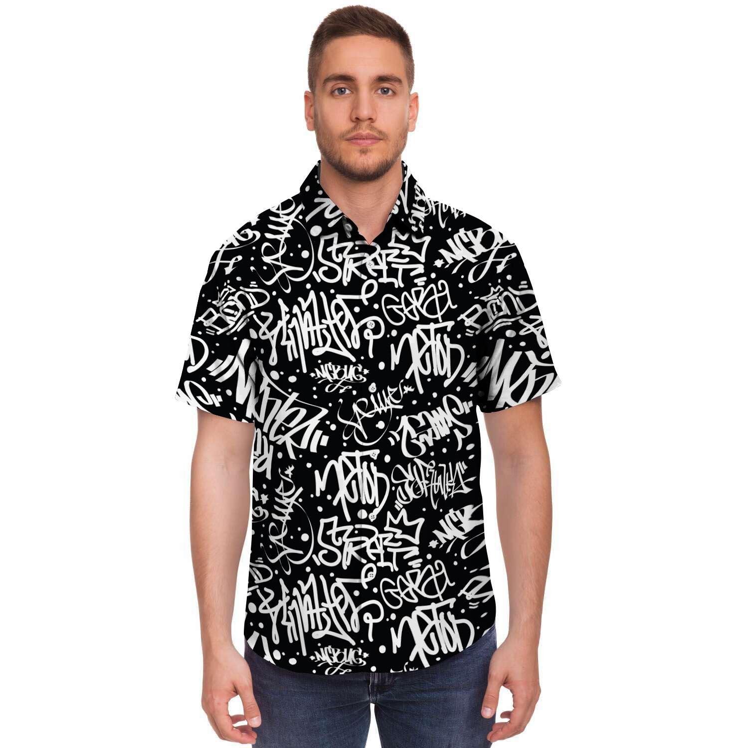 White And Black Graffiti Doodle Text Print Men's Short Sleeve Shirt-grizzshop