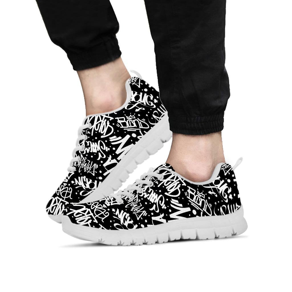 White And Black Graffiti Doodle Text Print Men's Sneakers-grizzshop