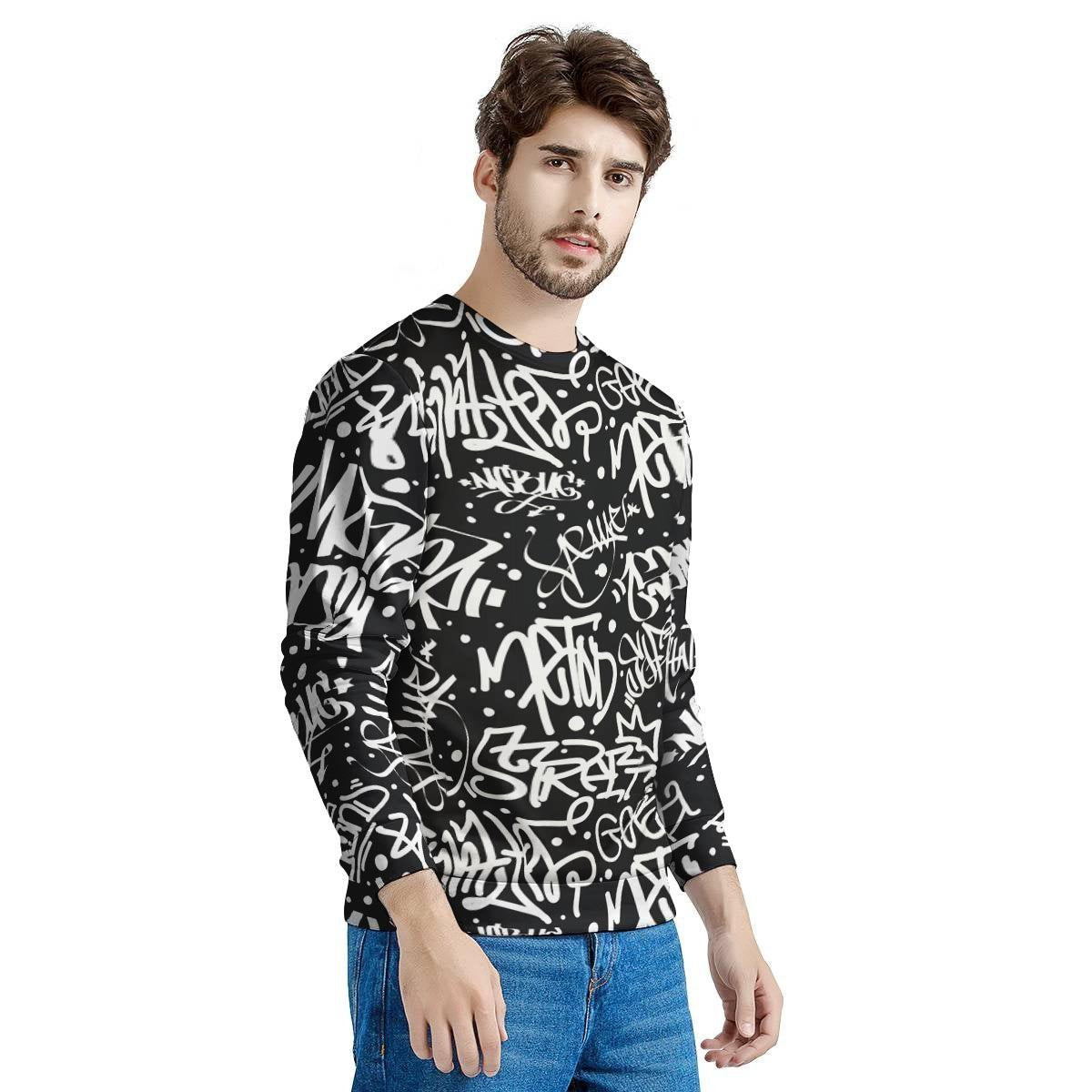 White And Black Graffiti Doodle Text Print Men's Sweatshirt-grizzshop