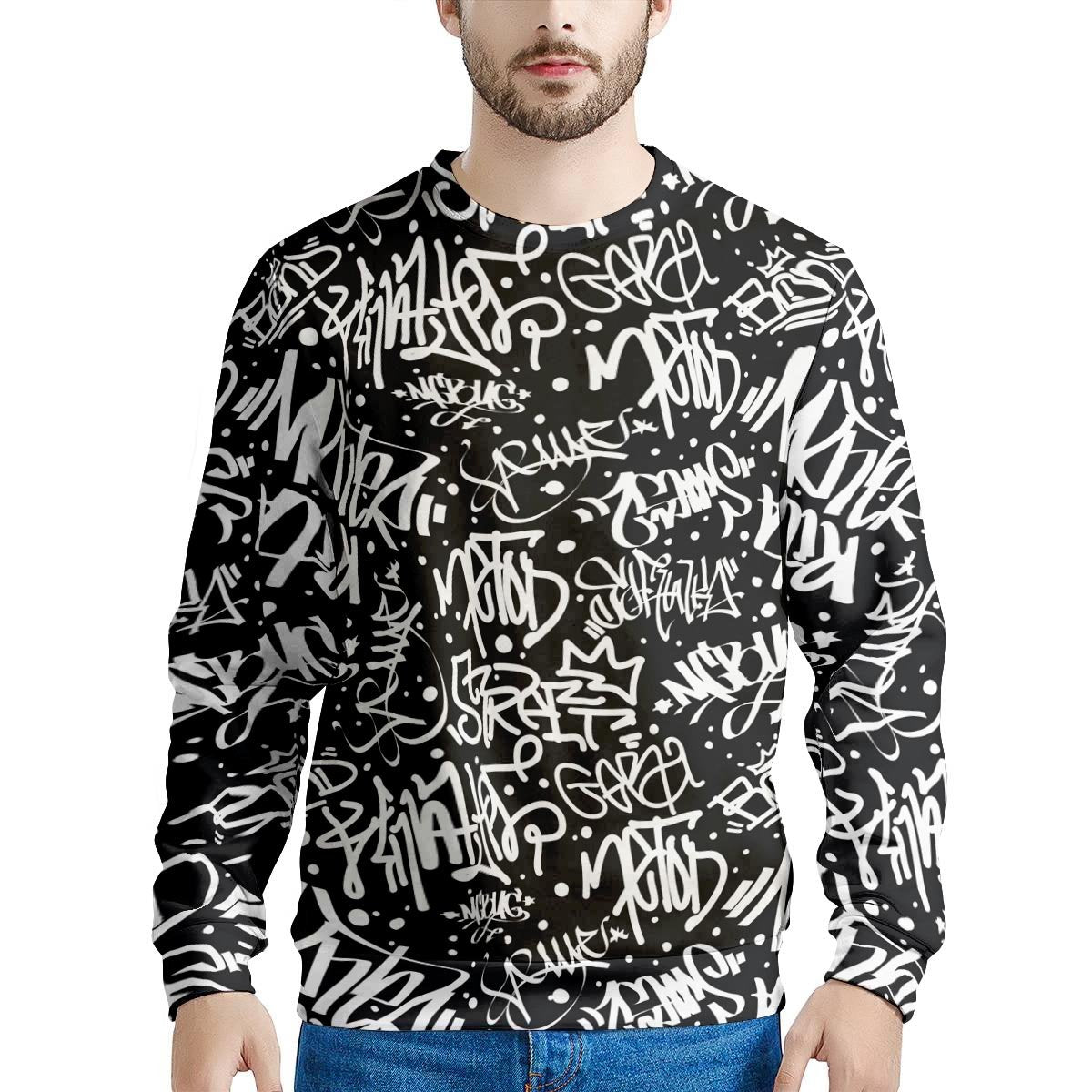 White And Black Graffiti Doodle Text Print Men's Sweatshirt-grizzshop