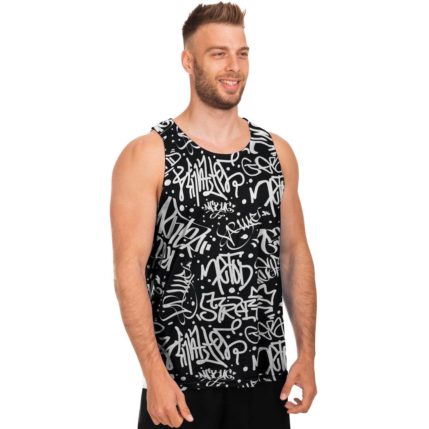 White And Black Graffiti Doodle Text Print Men's Tank Tops-grizzshop
