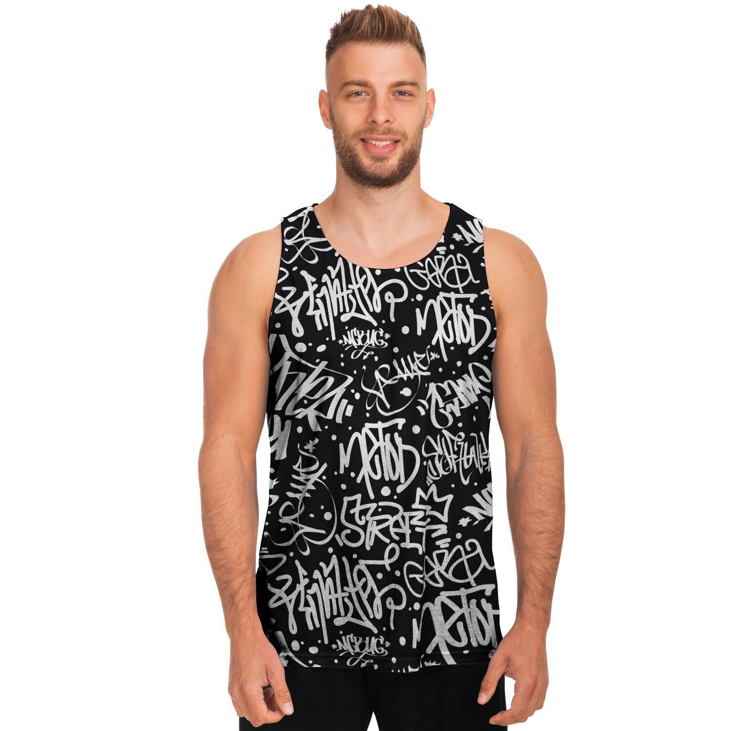 White And Black Graffiti Doodle Text Print Men's Tank Tops-grizzshop