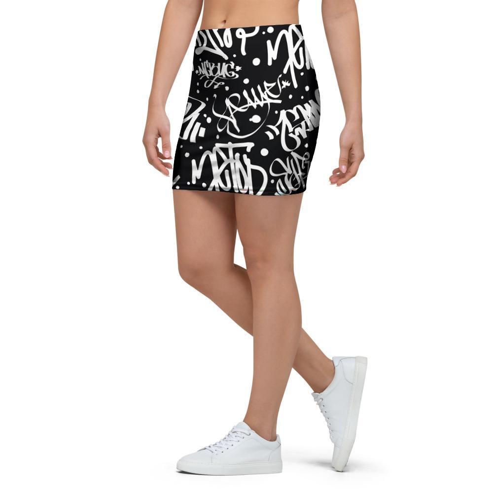 White And Black Graffiti Doodle Text Print Mini Skirt-grizzshop